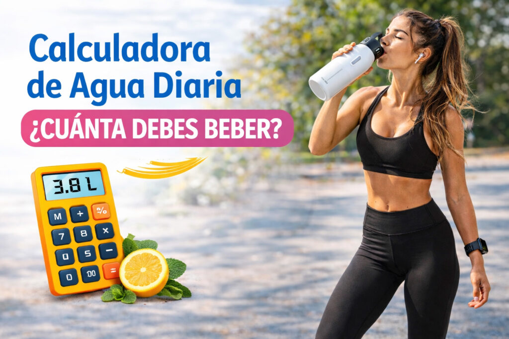 calculadora de agua diaria con chica deportista bebiendo de botella térmica